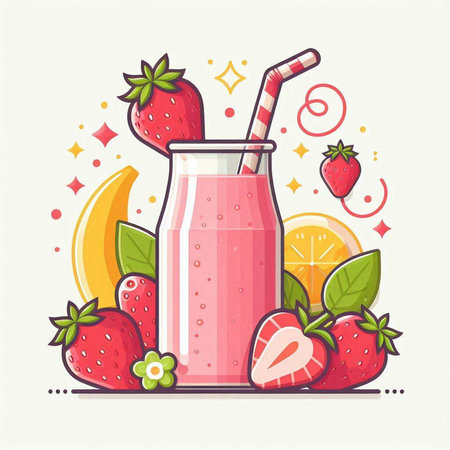 Strawberry smoothie in a glass with a straw. Vector illustration.のイラスト素材