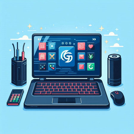 Laptop computer with apps icons on blue background. Vector illustration.のイラスト素材