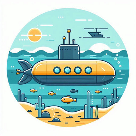 Submarine on the seashore. Vector illustration in flat styleのイラスト素材