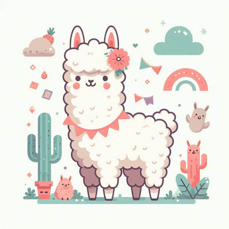 Cute hand drawn llama, alpaca, cactus, rainbow and clouds. Vector illustration.のイラスト素材