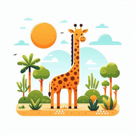 Giraffe in the jungle. Vector illustration. Flat style.のイラスト素材