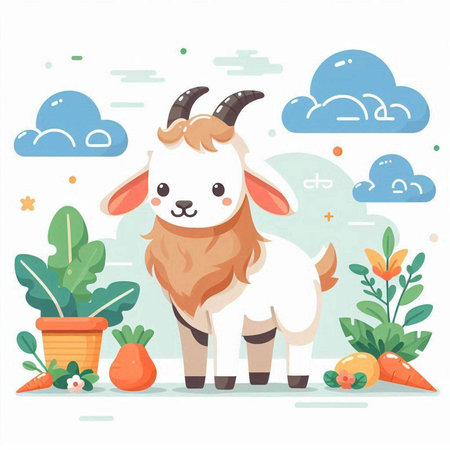 Goat and carrot vector illustration. Cute cartoon farm animal.のイラスト素材