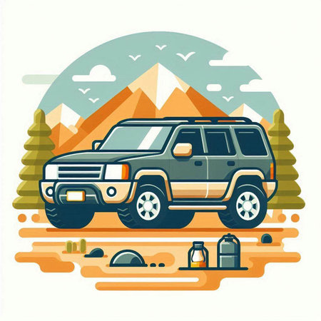 Off-road vehicle on the background of mountains. Vector illustration.のイラスト素材