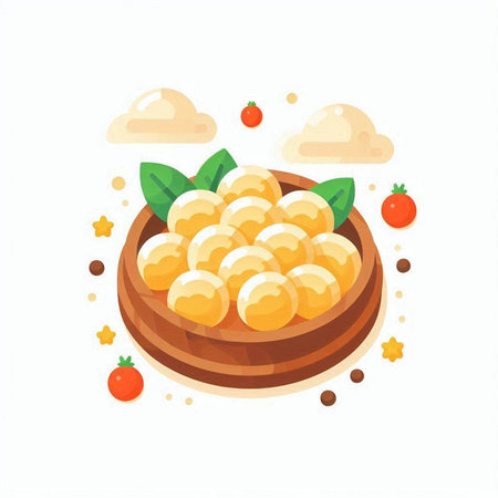 Illustration of sweet potato balls in wooden bowl on white background.のイラスト素材