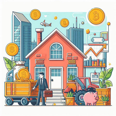 Business concept. Vector illustration in flat style. Businessman with piggy bank on the background of the house.のイラスト素材
