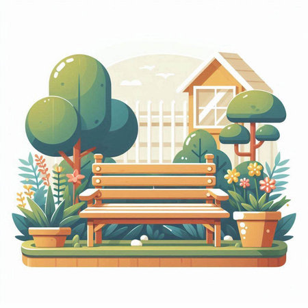 Vector illustration of a wooden bench in the garden with plants and trees.のイラスト素材
