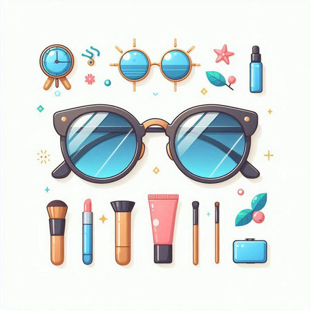 Sunglasses, makeup products and accessories set. Vector illustration.のイラスト素材