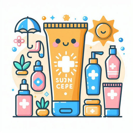 Vector illustration of sun protection lotion in flat style. Sunblock bottle, sunblock cream, sunscreen lotion tube, sunblock cream, sun protection lotion.のイラスト素材