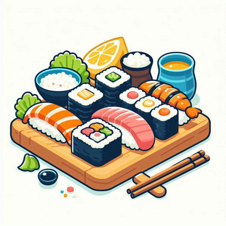 Illustration of Sushi Set on a White Background - Isometric Viewのイラスト素材