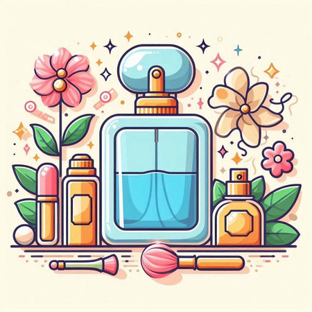 Perfume bottle and cosmetic products. Vector illustration in line art style.のイラスト素材