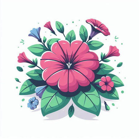 Illustration of pink flower and green leaves isolated on white background.のイラスト素材