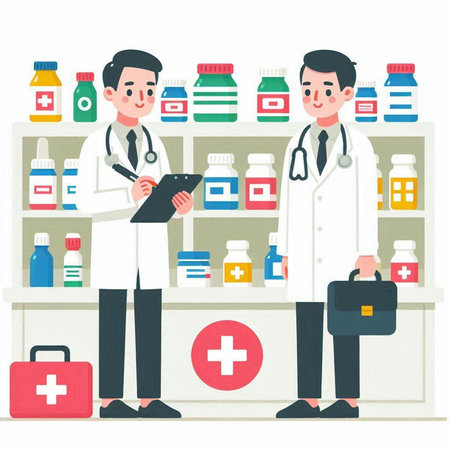 Male pharmacist and male pharmacist standing in the pharmacy. Vector illustration.のイラスト素材