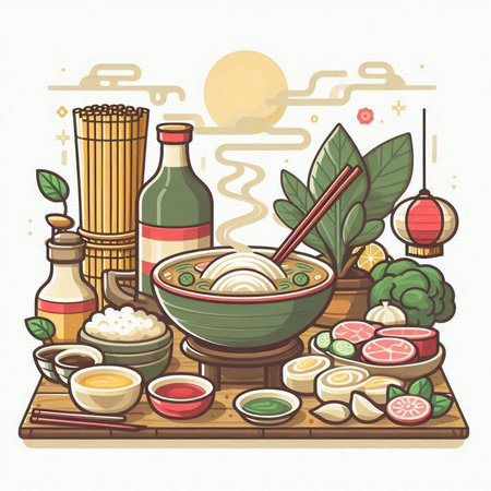 Illustration of Asian cuisine in a bowl with chopsticks, noodles, vegetables, fish, meat, chopsticks, soy sauce, chopsticks, lanterns.のイラスト素材
