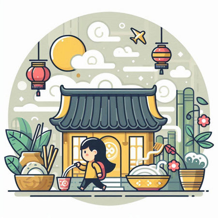 Illustration of Asian noodle soup in bowl with vegetables and eggsのイラスト素材