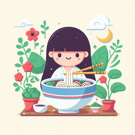 Chinese food flat vector illustration. Traditional oriental dishes, rice noodles, chopsticks, tea ceremony.のイラスト素材