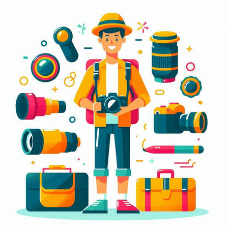 Photographer with camera and equipment. Vector illustration in flat style.のイラスト素材