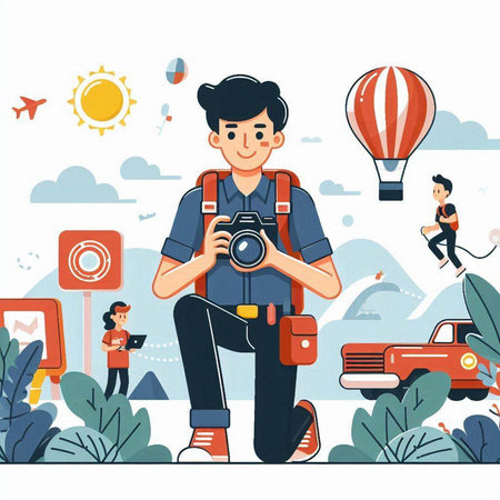 Photographer with camera in hand. Vector illustration in flat style.のイラスト素材