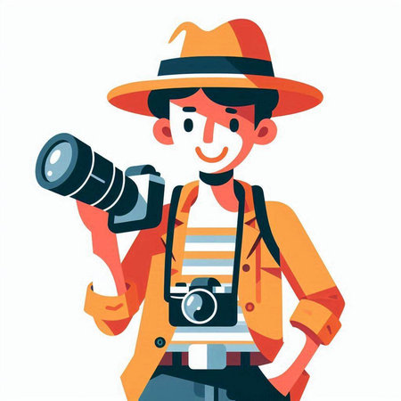 Photographer with camera on white background. Vector illustration in cartoon styleのイラスト素材