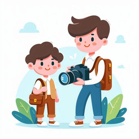 Father and son with camera. Vector illustration in flat cartoon style.のイラスト素材
