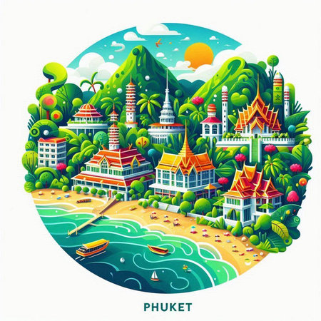 Vector illustration of Phuket, Thailand. Landscape in cartoon style.のイラスト素材