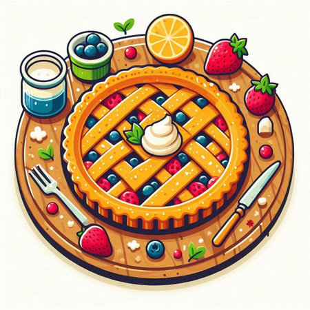 Round pie with berries and cream on a white background. Vector illustration.のイラスト素材
