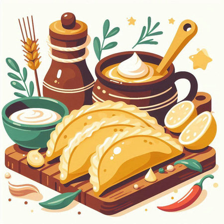 Illustration of traditional indian food on wooden board. Vector illustrationのイラスト素材