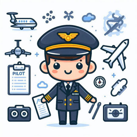 Pilot and pilot with set of icons. Vector illustration in flat styleのイラスト素材