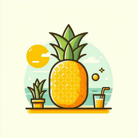 Pineapple vector illustration in flat line style. Summer vacation, tropical fruit concept.のイラスト素材