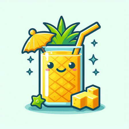 Cute cartoon pineapple smoothie character. Vector illustration of a tropical drink.のイラスト素材