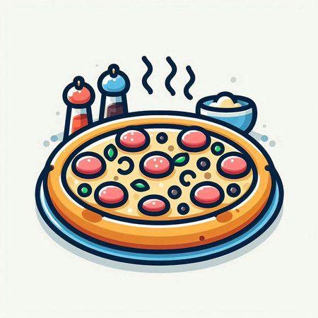 Pizza icon. Vector illustration of pizza with cheese, ham, salami, mushrooms and tomatoes.のイラスト素材
