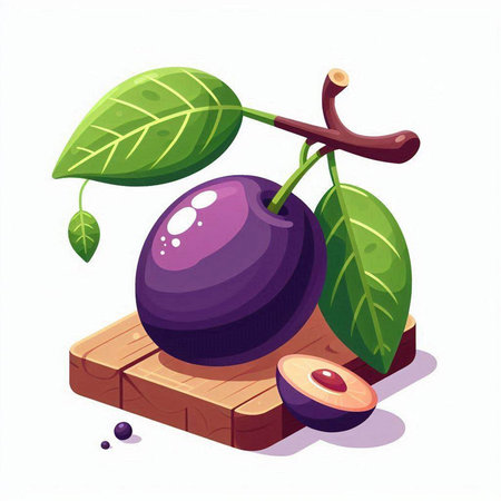 Plum fruit on wooden board isolated on white background. Vector illustration.のイラスト素材