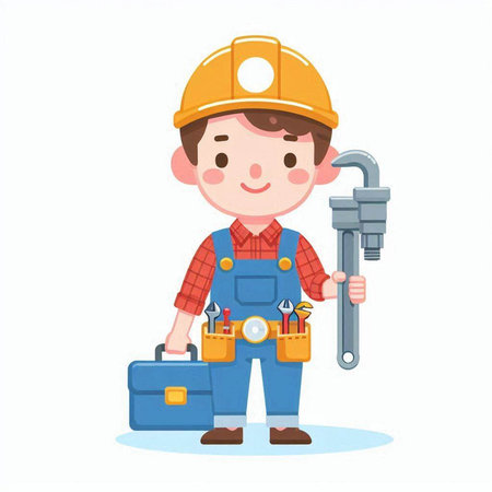 Cartoon character of plumber with toolbox. Vector illustration.のイラスト素材