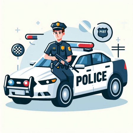 Police officer and police car. Vector illustration in flat cartoon style.のイラスト素材