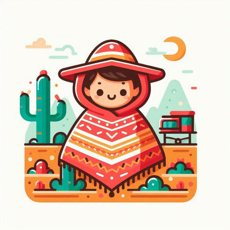 Cute little girl in poncho and hat in the desert. Vector illustrationのイラスト素材