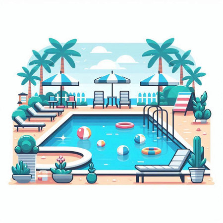 Swimming pool with sun loungers and umbrellas.のイラスト素材