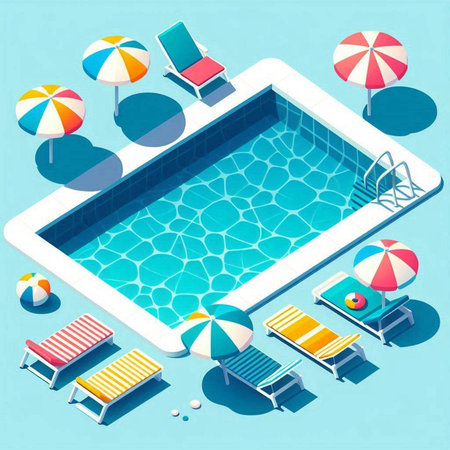 Swimming pool with palm trees and sunbeds. Vector illustrationのイラスト素材