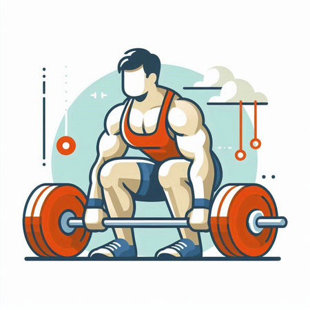 Vector illustration of a strong man lifting a barbell on white backgroundのイラスト素材