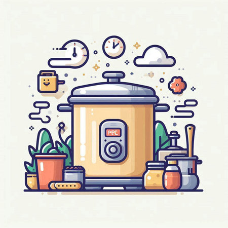 Modern vector illustration of a multi cooker in flat line style with iconsのイラスト素材