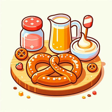 Bavarian pretzel and beer on wooden board. Vector illustrationのイラスト素材