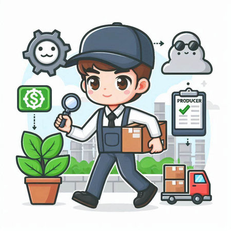 delivery man holding magnifying glass and cardboard box, vector illustrationのイラスト素材