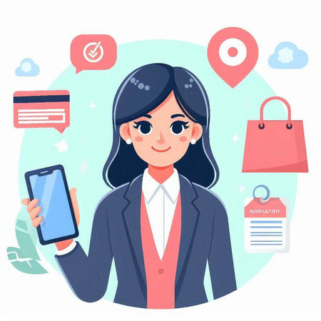 Business woman holding mobile phone. Vector illustration in a flat style.のイラスト素材