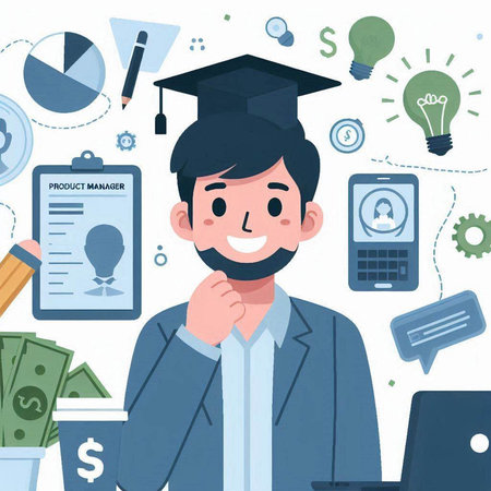 Vector illustration of a graduate student on the background of business icons.のイラスト素材