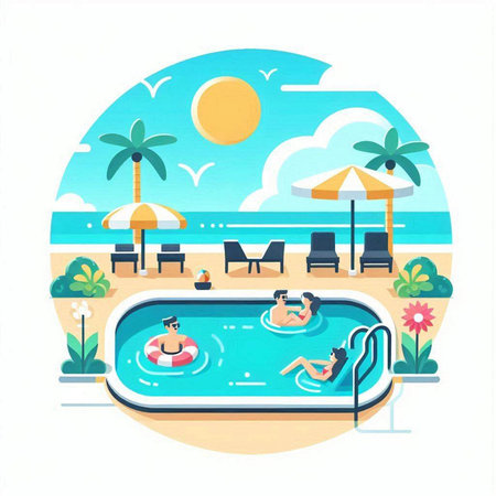 Swimming pool flat vector illustration. Swimming pool with people on summer vacation.のイラスト素材