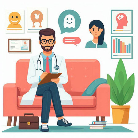 Doctor and patient in medical office flat vector illustration. Cartoon male character sitting on sofa with stethoscope and notebook. Medicine and healthcare conceptのイラスト素材