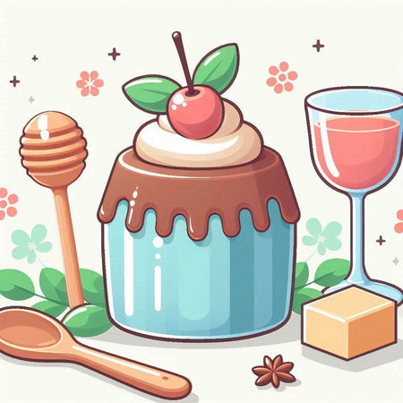 Illustration of a cupcake with a cherry and a honey dipperのイラスト素材