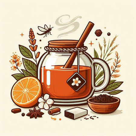 Cup of tea with honey, orange and cinnamon. Vector illustration.のイラスト素材