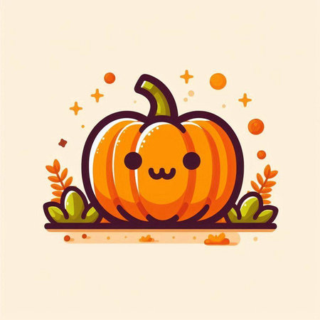 Cute pumpkin character with autumn leaves. Vector flat cartoon illustration.のイラスト素材