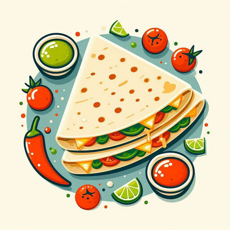 Mexican quesadilla with vegetables and sauce. Vector illustrationのイラスト素材