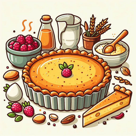 Illustration of a pie with raspberries and other ingredients.のイラスト素材