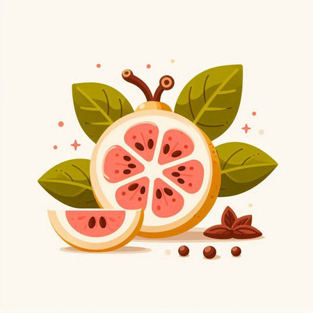 Grapefruit with leaves and star anise. Vector illustration.のイラスト素材